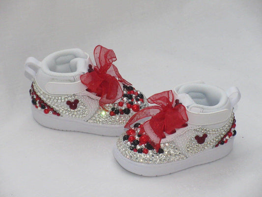 CrystalShoeDesigns Shoes Custom Baby "Minnie" Inspired Nike Force 1, Baby Nike, Bling Baby Shoes.