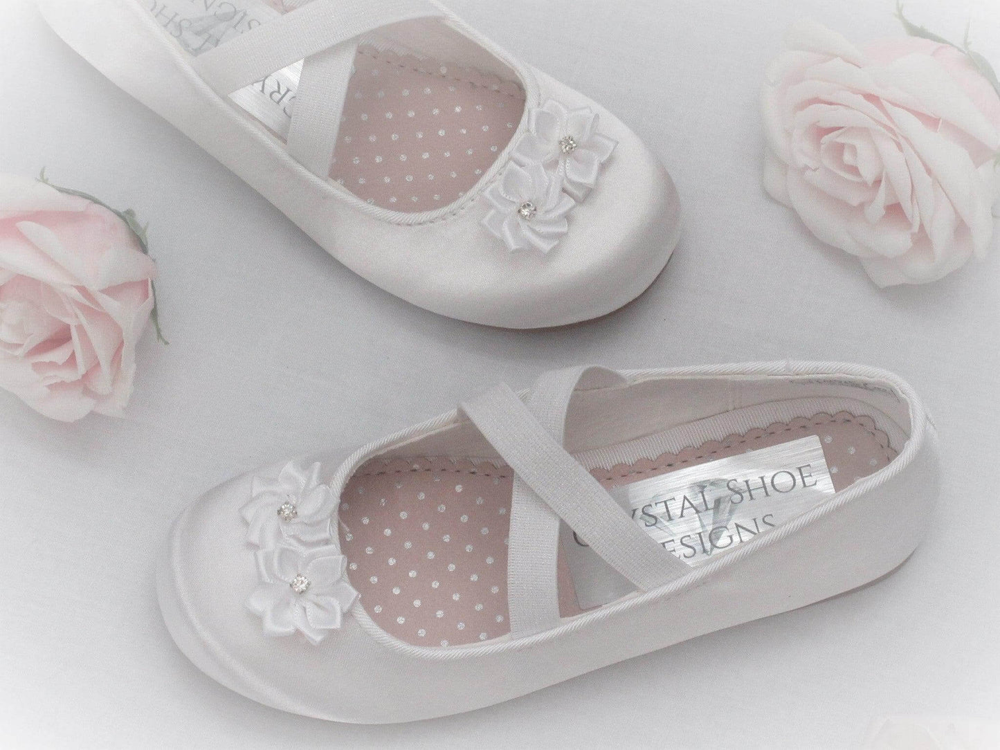 CrystalShoeDesigns Shoes Custom White Satin Flower Girl, Bridesmaid Shoes, Communion Shoes, Girls Prty Occasion Shoes.