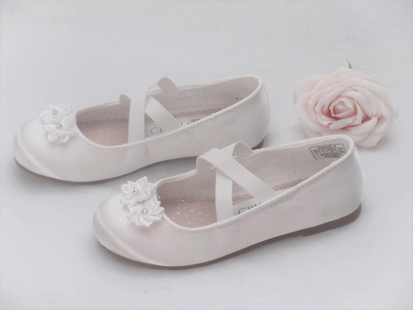 CrystalShoeDesigns Shoes Custom White Satin Flower Girl, Bridesmaid Shoes, Communion Shoes, Girls Prty Occasion Shoes.