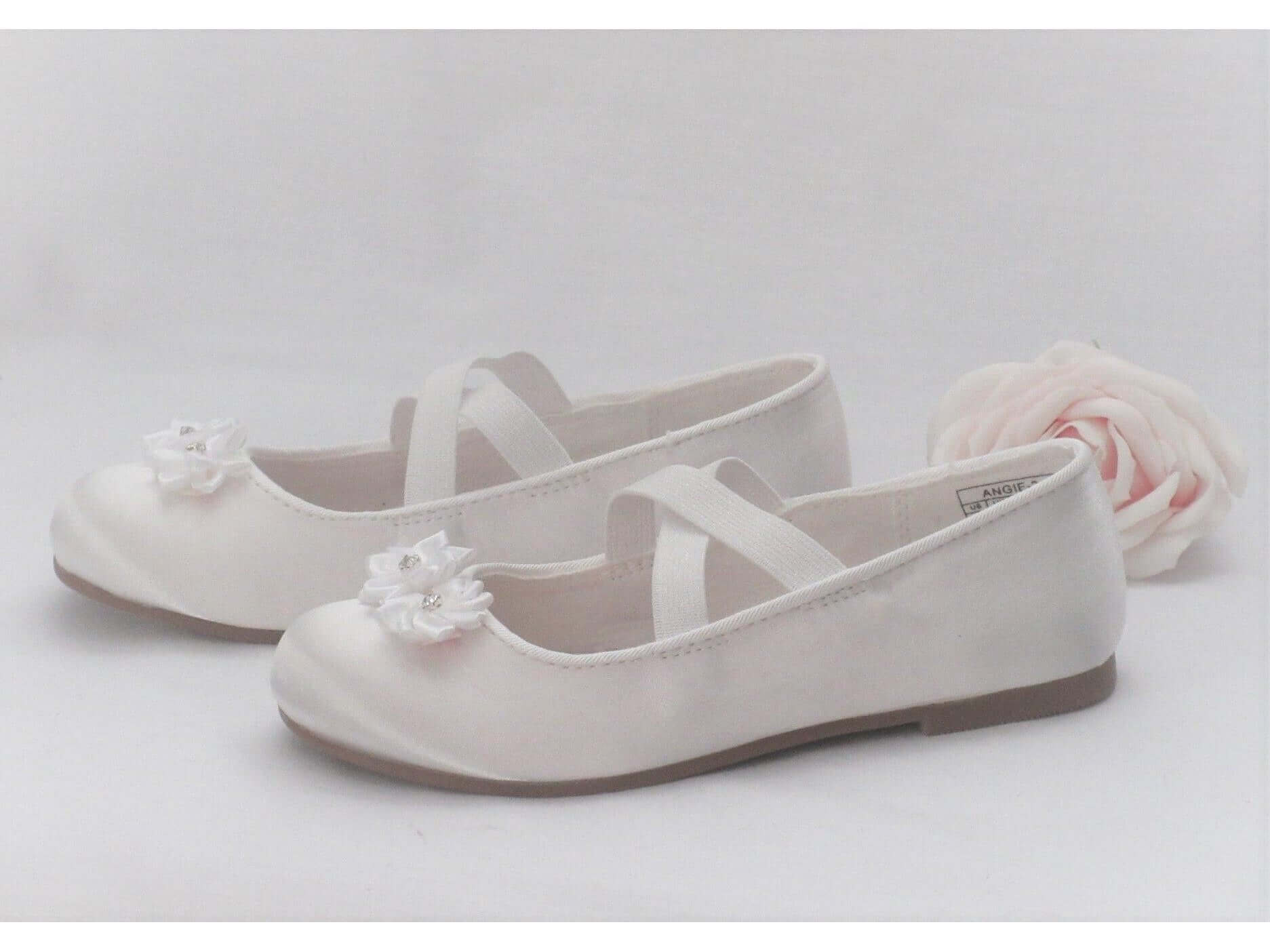 CrystalShoeDesigns Shoes Custom White Satin Flower Girl, Bridesmaid Shoes, Communion Shoes, Girls Prty Occasion Shoes.