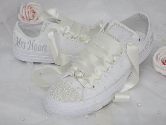 CrystalShoeDesigns Shoes Personalised Wedding Bridal Custom Converse-White or  Ivory Pearl Converse - Bling Wedding Sneakers.