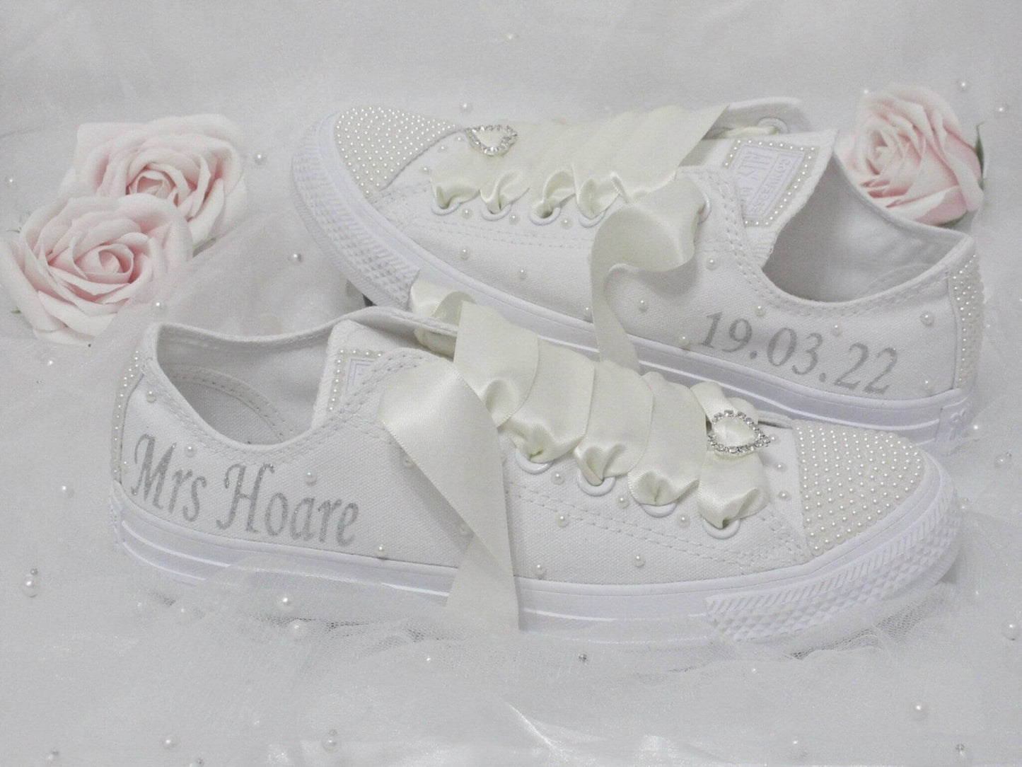 CrystalShoeDesigns Shoes Personalised Wedding Bridal Custom Converse-White or  Ivory Pearl Converse - Bling Wedding Sneakers.