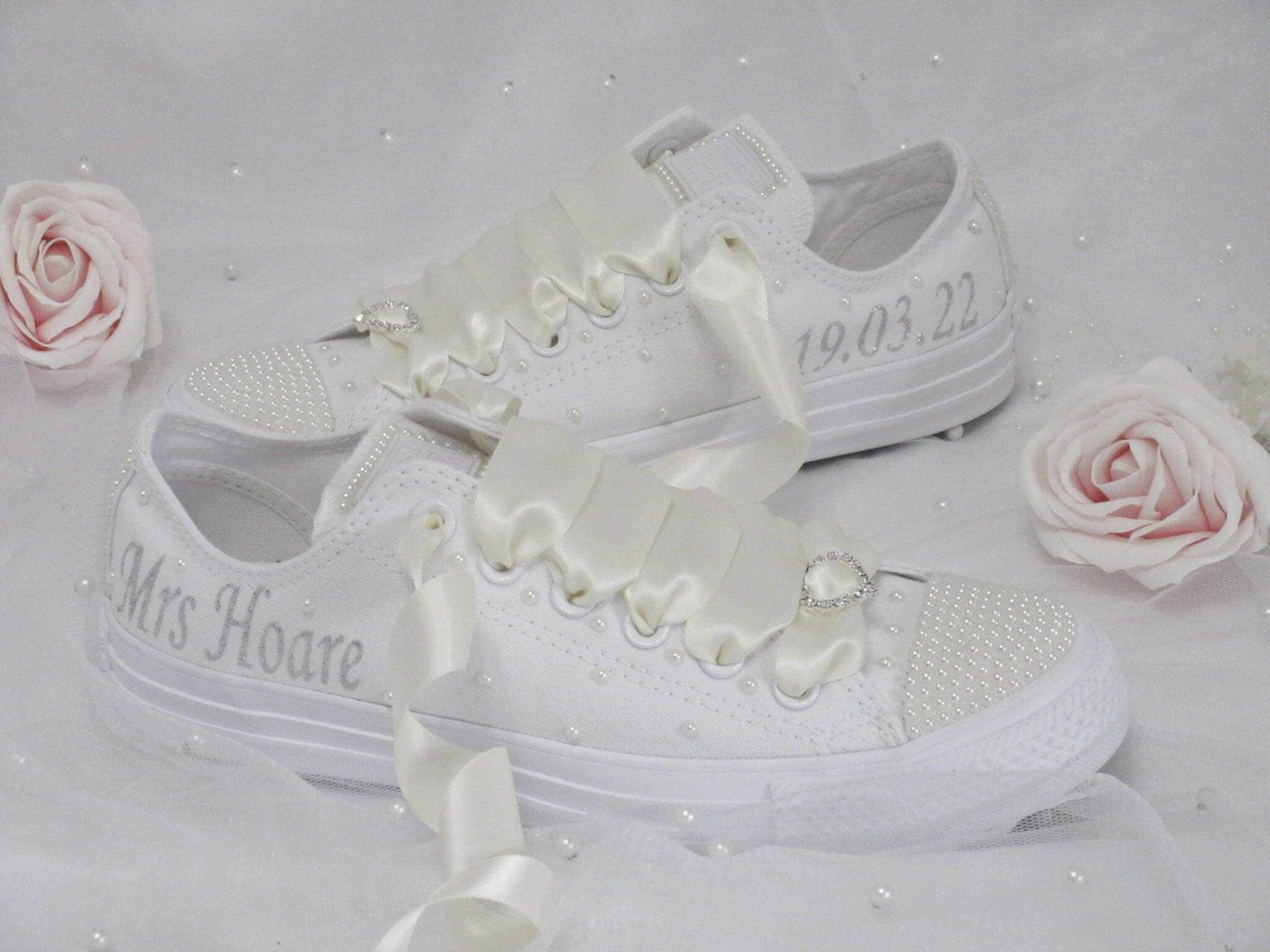 CrystalShoeDesigns Shoes Personalised Wedding Bridal Custom Converse-White or  Ivory Pearl Converse - Bling Wedding Sneakers.