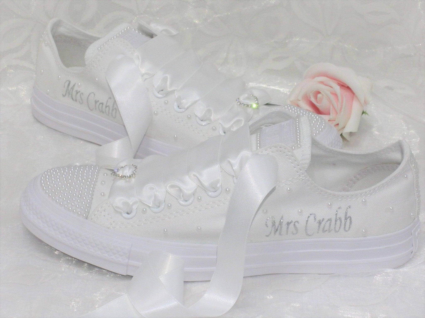 CrystalShoeDesigns Shoes Personalised Wedding Bridal Custom Converse-  White Pearl Converse - Bling Wedding Sneakers.