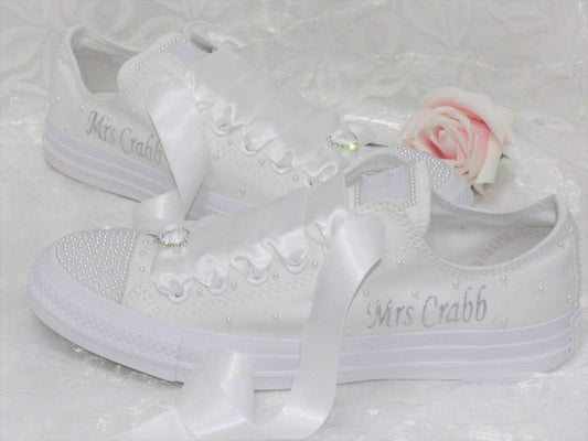 CrystalShoeDesigns Shoes Personalised Wedding Bridal Custom Converse-  White Pearl Converse - Bling Wedding Sneakers.