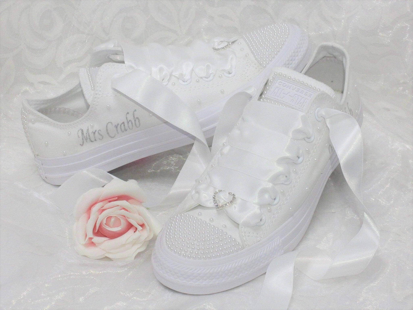 CrystalShoeDesigns Shoes Personalised Wedding Bridal Custom Converse-  White Pearl Converse - Bling Wedding Sneakers.