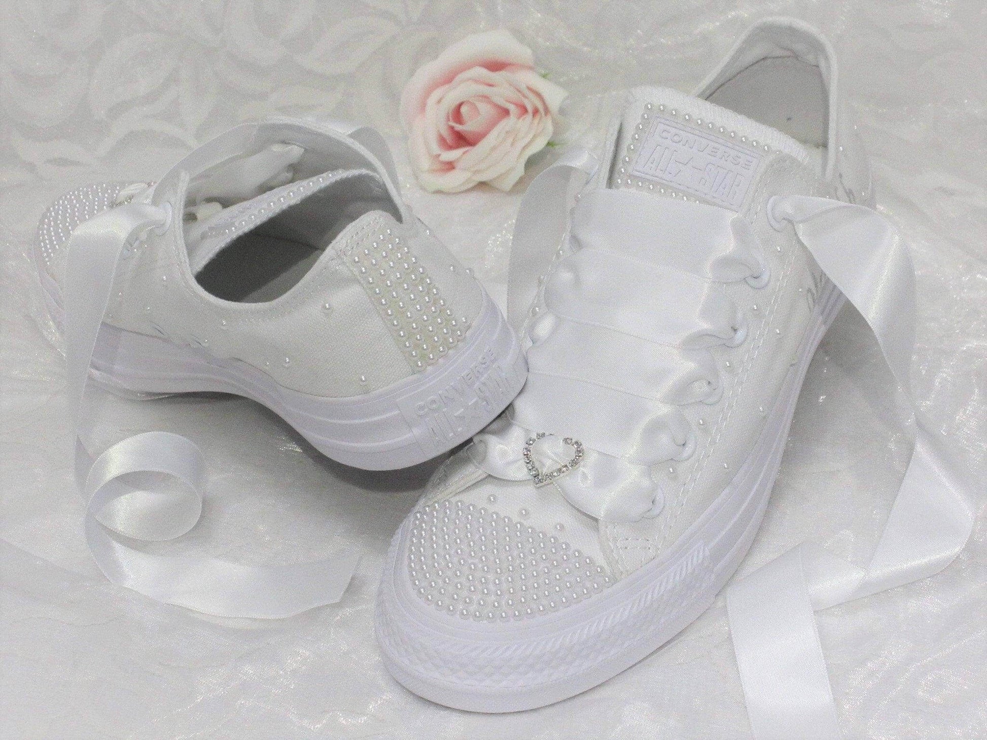 CrystalShoeDesigns Shoes Personalised Wedding Bridal Custom Converse-  White Pearl Converse - Bling Wedding Sneakers.