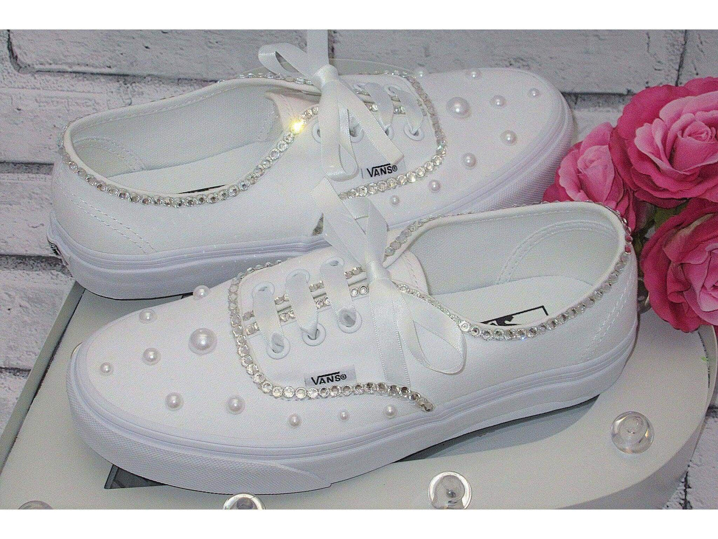 CrystalShoeDesigns Shoes Wedding Bridal Custom Crystal & Pearl Vans, Bride Shoes, Wedding sneakers, Vans Authentic