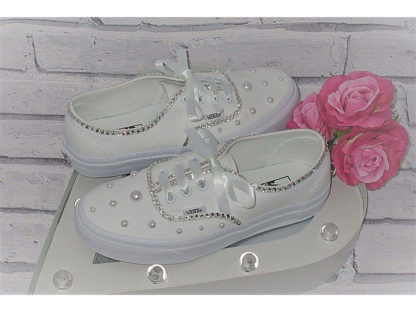 CrystalShoeDesigns Shoes Wedding Bridal Custom Crystal & Pearl Vans, Bride Shoes, Wedding sneakers, Vans Authentic