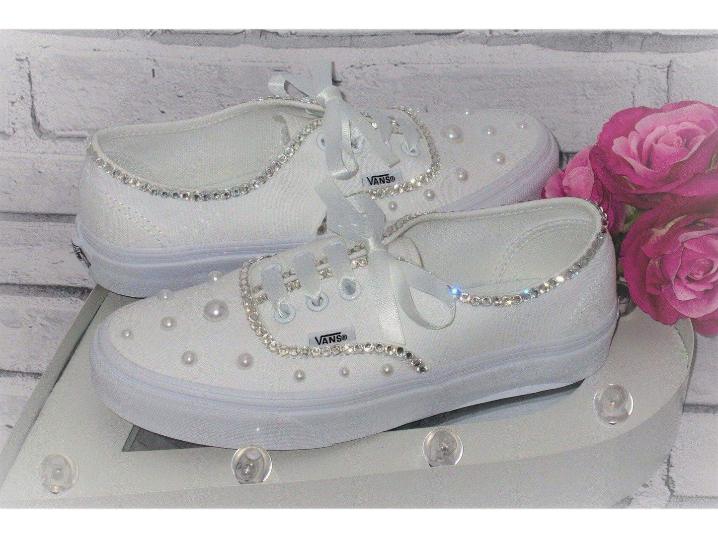 CrystalShoeDesigns Shoes Wedding Bridal Custom Crystal & Pearl Vans, Bride Shoes, Wedding sneakers, Vans Authentic