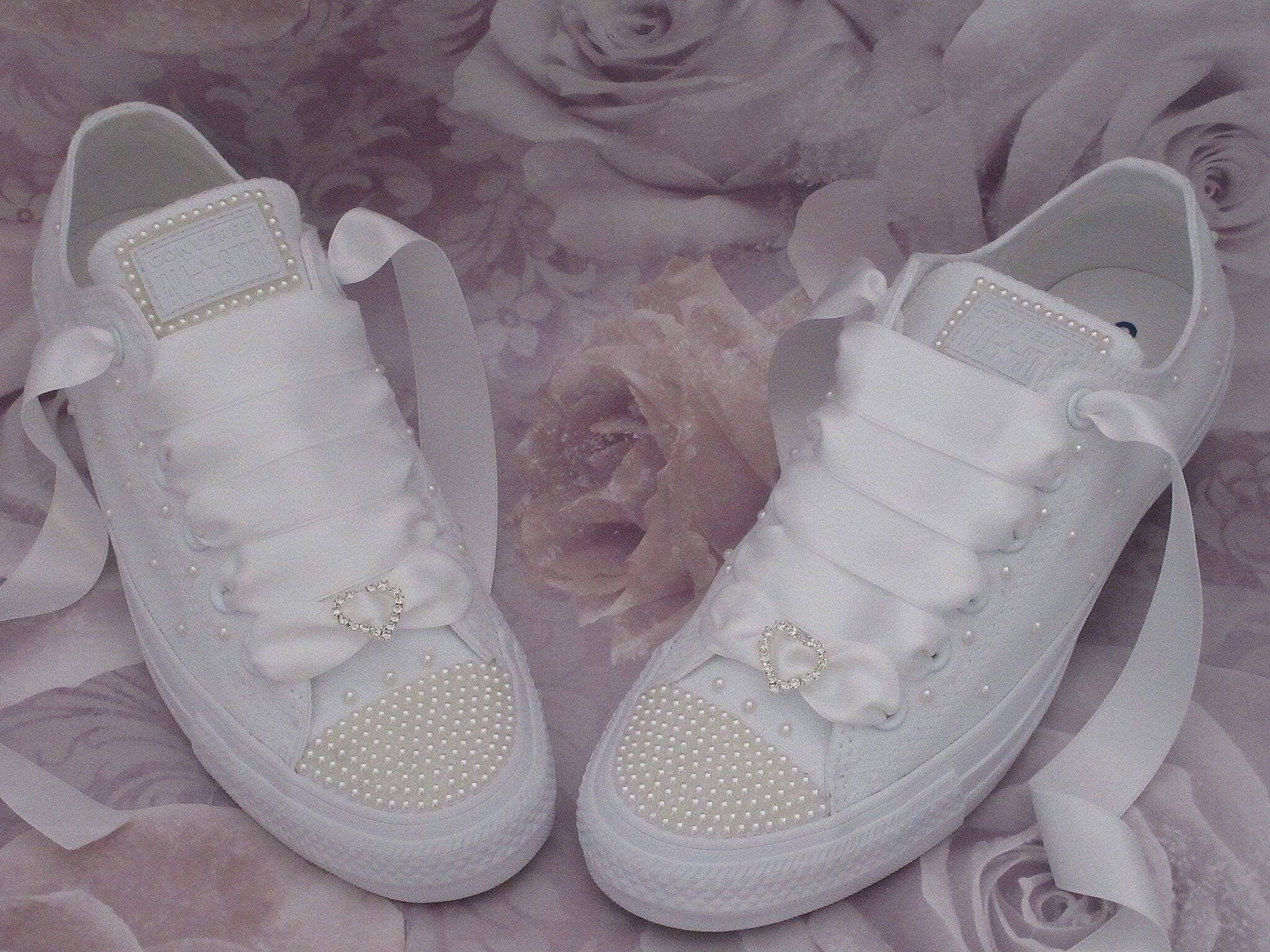 CrystalShoeDesigns Shoes Wedding Bridal Custom Ivory Pearl Converse, Converse for Brides, Wedding Sneakers.