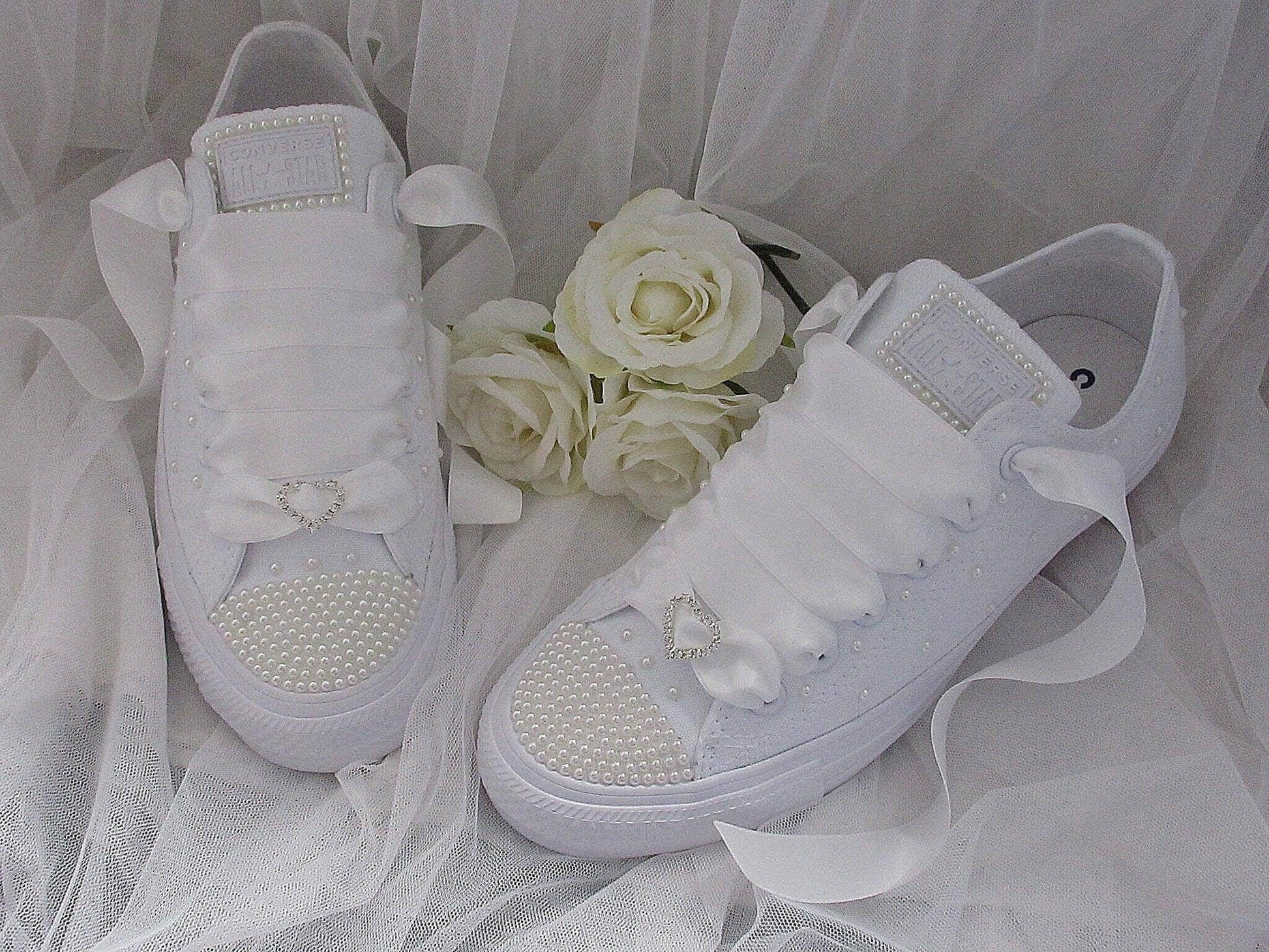 CrystalShoeDesigns Shoes Wedding Bridal Custom Ivory Pearl Converse, Converse for Brides, Wedding Sneakers.