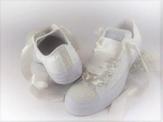 CrystalShoeDesigns Shoes Wedding Bridal Custom Ivory Pearl Converse - Custom Bling Sneakers Trainers