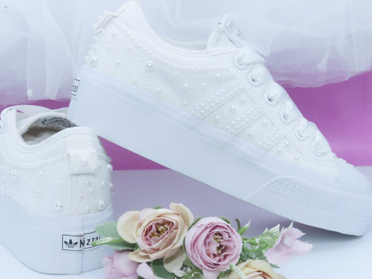 Custom Pearl Adidas Platform Bridal Trainers. - Crystal Shoe Designs