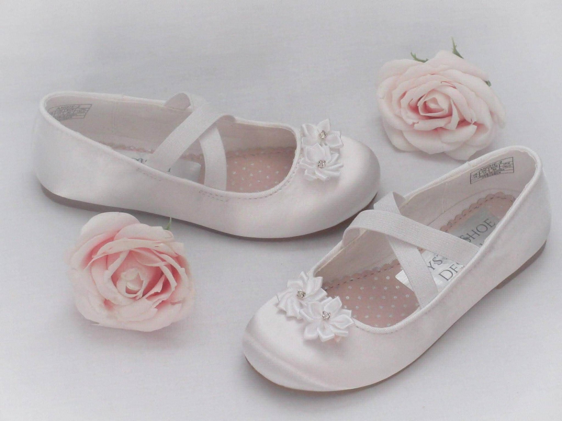 Custom White Satin Flower Girl, Bridesmaid Shoes, Communion Shoes, Girls Prty Occasion Shoes. - Crystal Shoe Designs