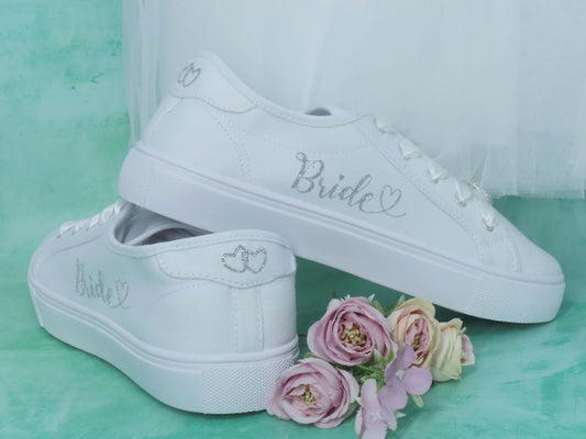 Customisable Bride Script & Heart Detail Wedding Bridal Trainers. Standard & Wide Fit. - Crystal Shoe Designs