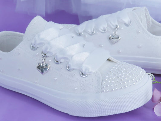 Flower Girl White Pearl Trainers. - Crystal Shoe Designs