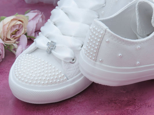 Holy Communion White Pearl Trainer Shoes - Crystal Shoe Designs