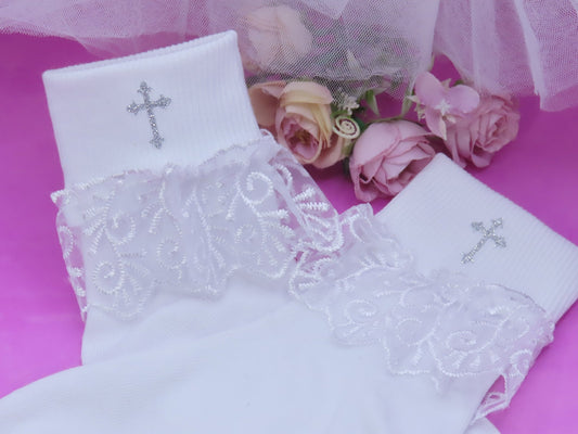 Holy Cross Communion Socks Size 12.5 - 3.5 - Crystal Shoe Designs