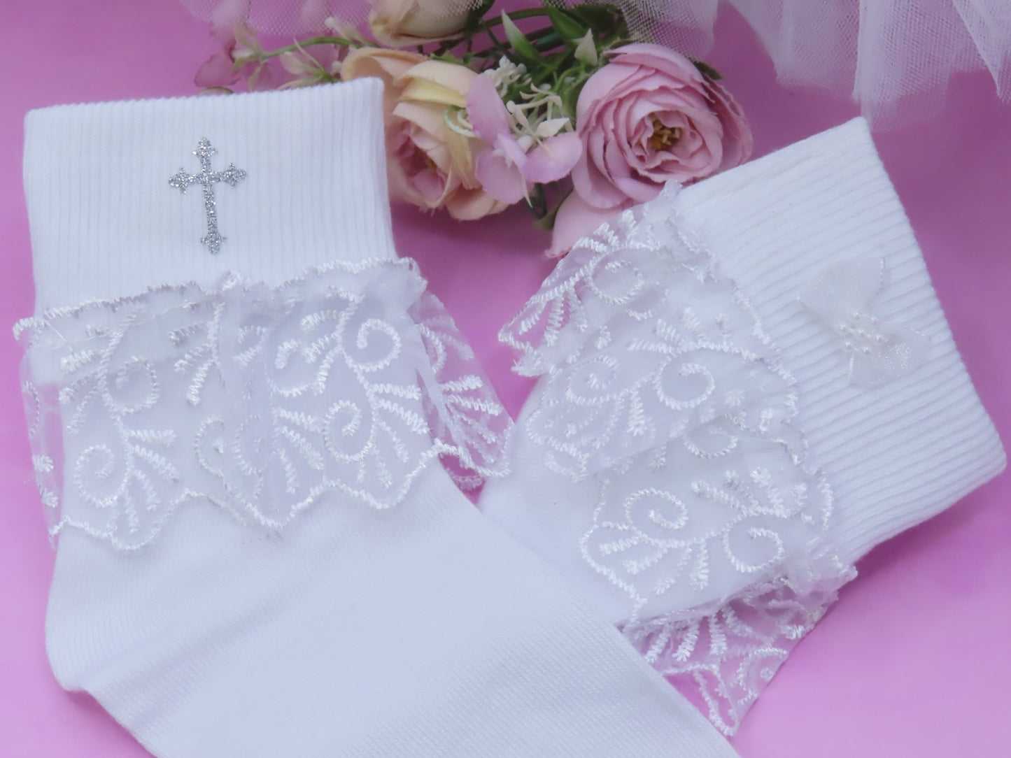 Holy Cross Communion Socks Size 12.5 - 3.5 - Crystal Shoe Designs