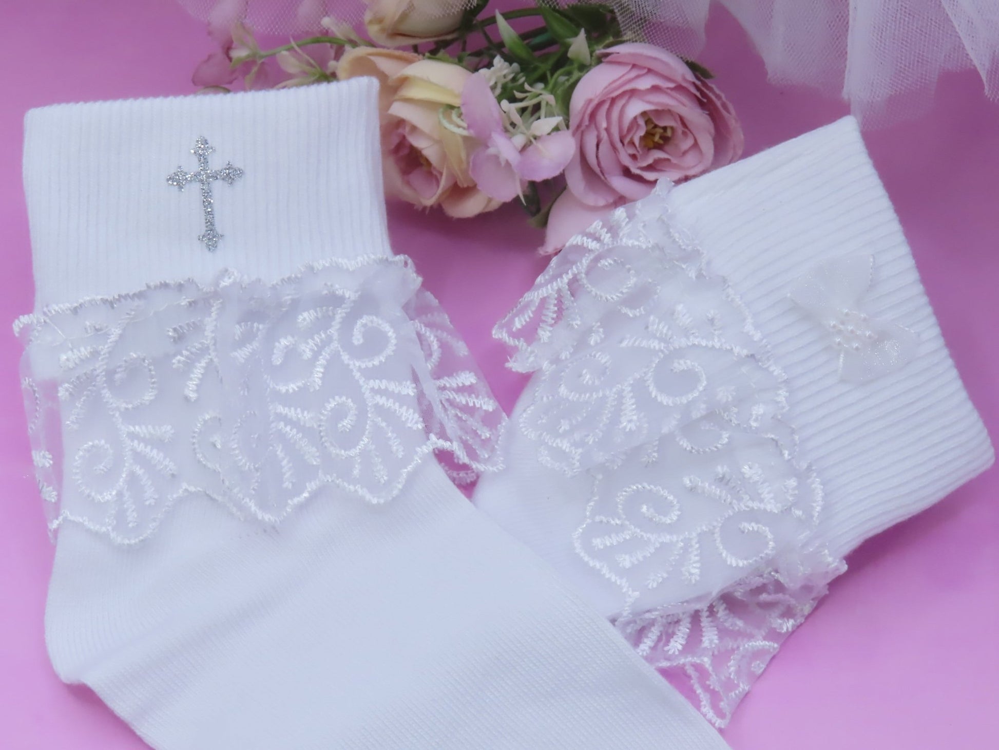 Holy Cross Communion Socks Size 12.5 - 3.5 - Crystal Shoe Designs