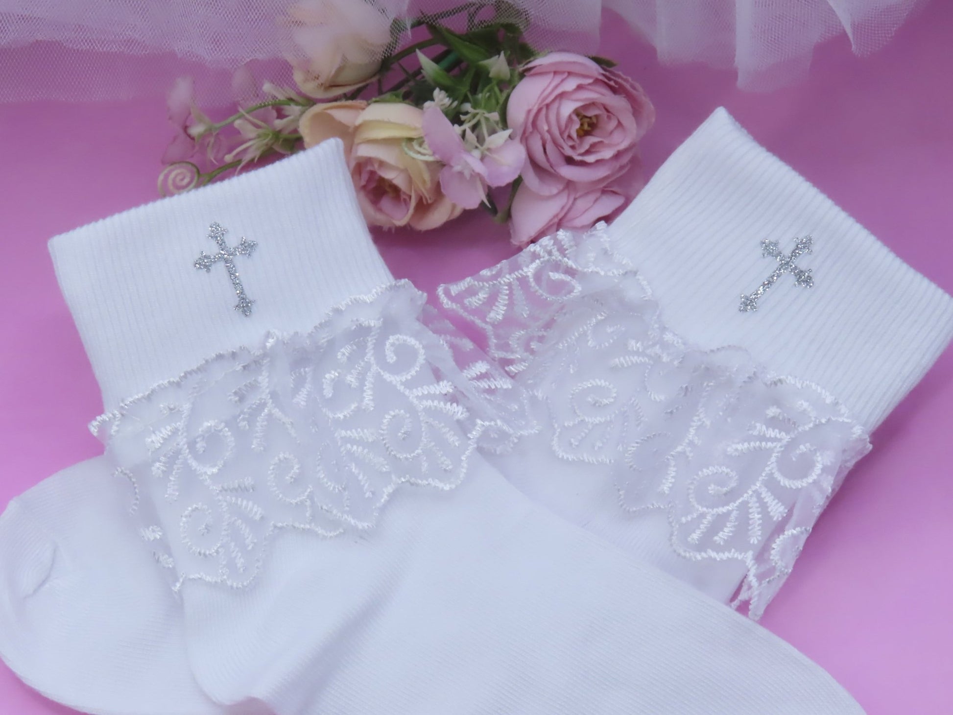 Holy Cross Communion Socks Size 12.5 - 3.5 - Crystal Shoe Designs