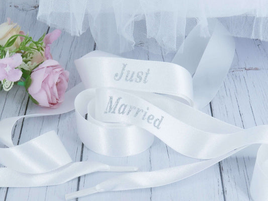 "Just Married" Wedding Ribbon Trainer Laces for Bride. - Crystal Shoe Designs