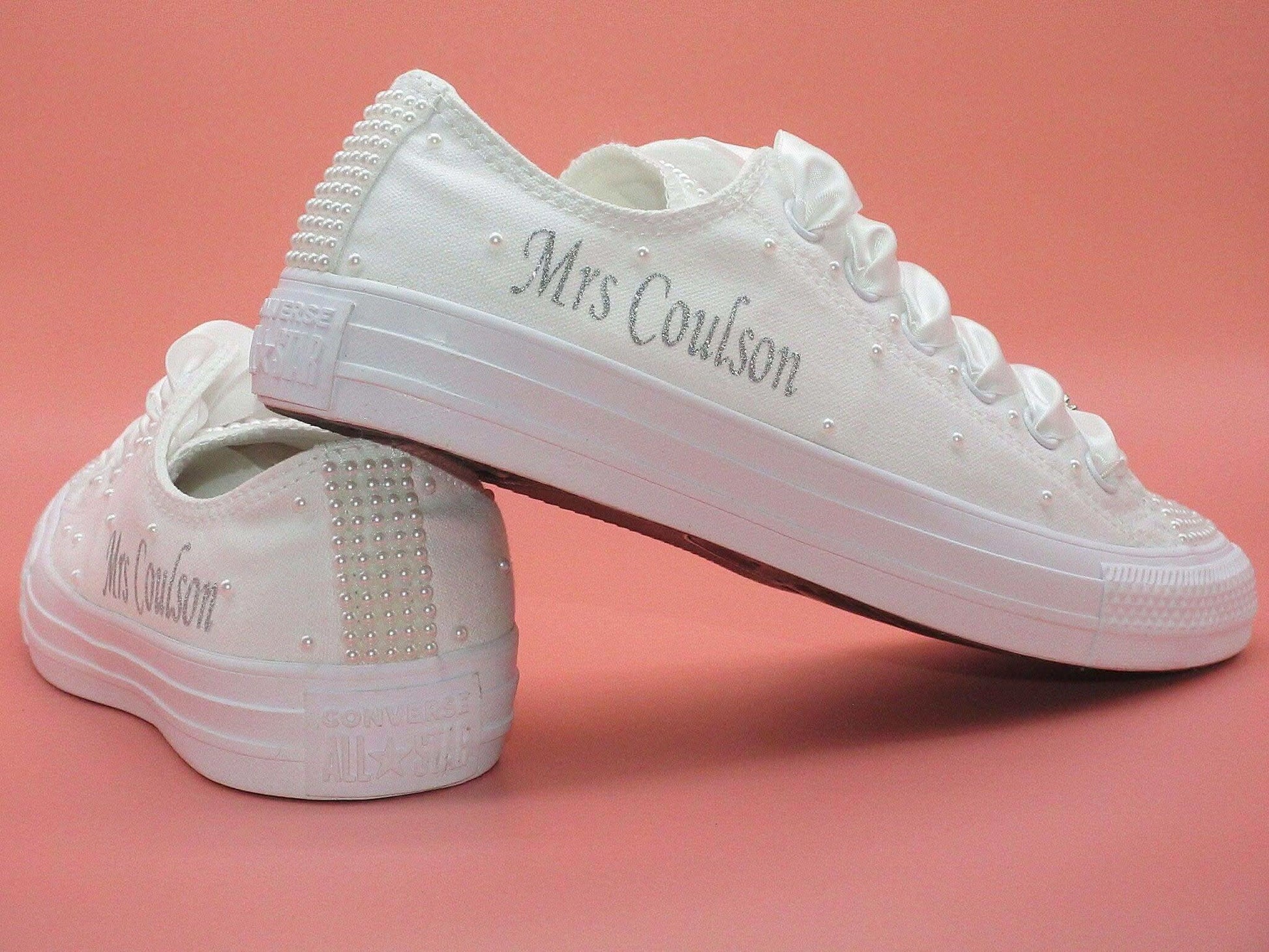 Name Personalised Wedding Bridal Custom Converse, White Pearl Converse, Wedding Sneakers For Brides. - Crystal Shoe Designs