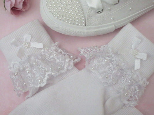 Pearl Lace Frill Socks - Crystal Shoe Designs