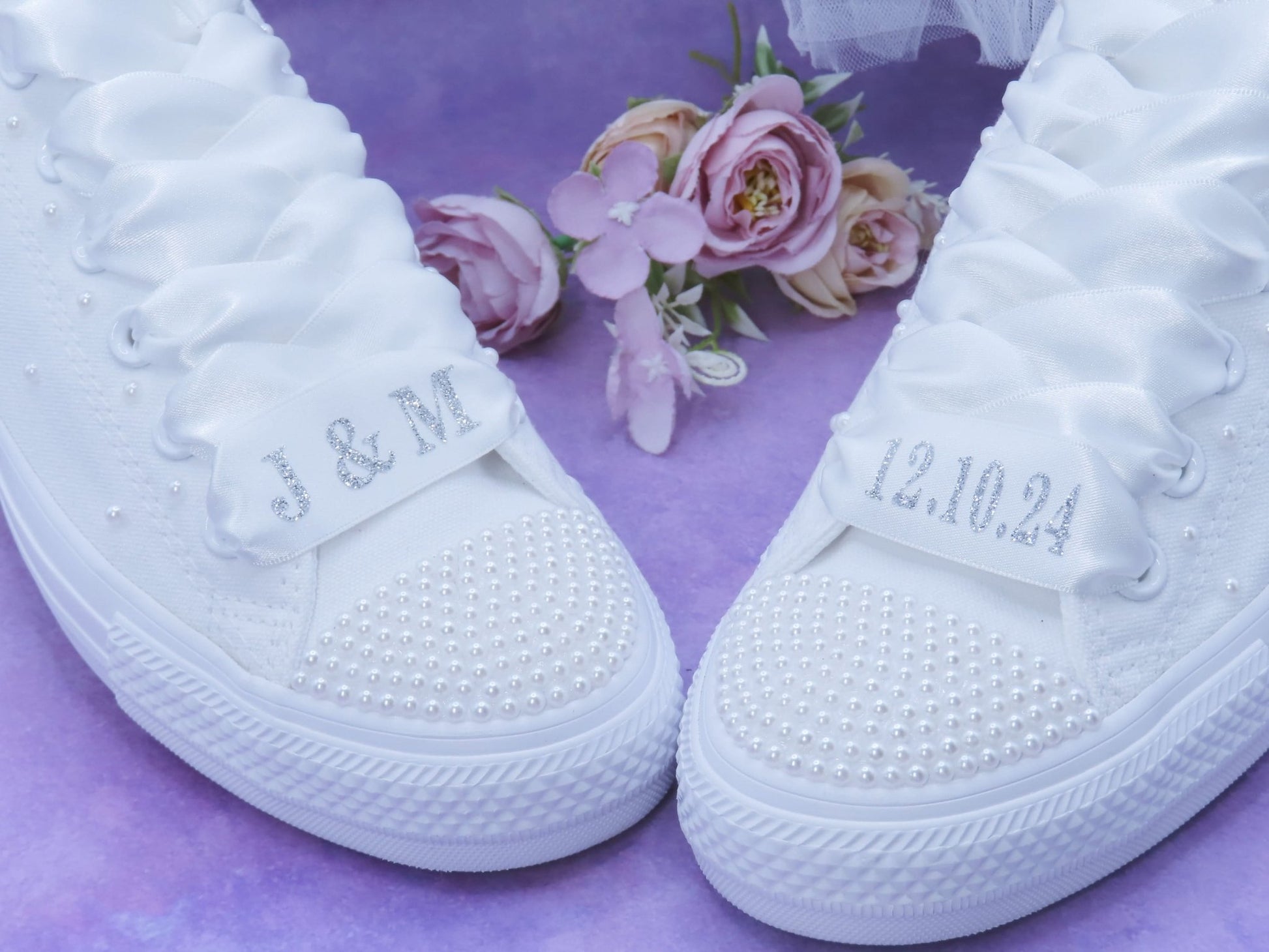 Personalised Initials & Date Wedding Ribbon Trainer Laces - Crystal Shoe Designs