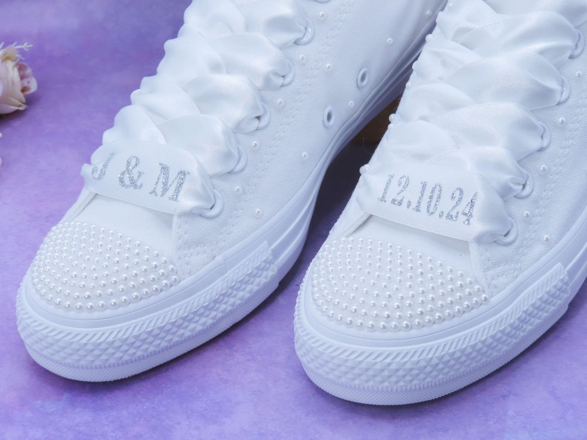 Personalised Initials & Date Wedding Ribbon Trainer Laces - Crystal Shoe Designs