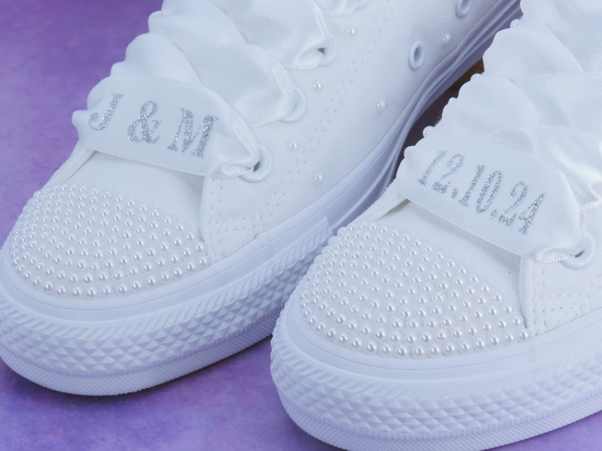 Personalised Initials & Date Wedding Ribbon Trainer Laces - Crystal Shoe Designs