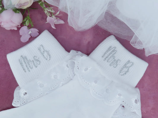 Personalised "Mrs" Bridal Frilly Wedding Socks. - Crystal Shoe Designs