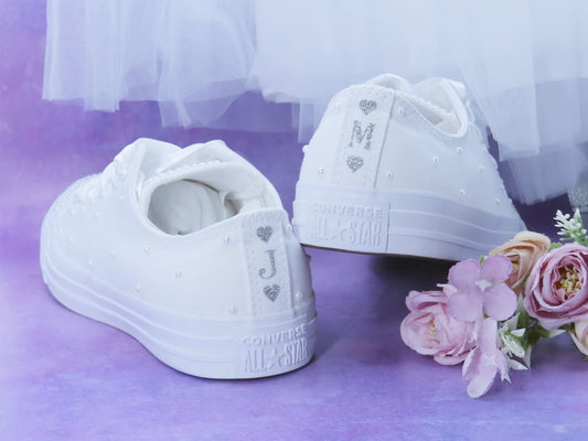 Personalised Pearl Bridal Converse With Personalised Ribbon Laces. - Crystal Shoe Designs