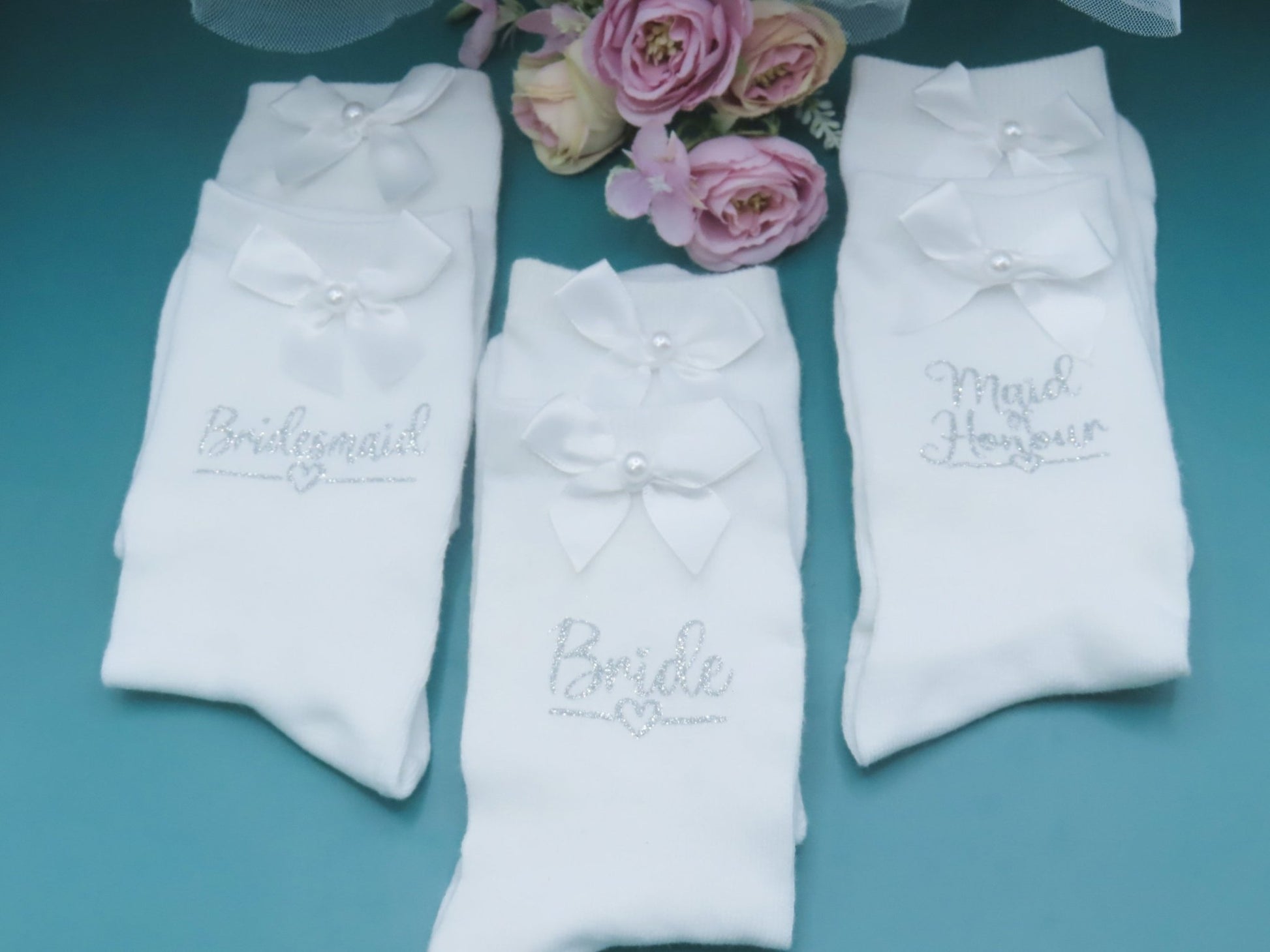 Personalised Socks for Bride /Wedding Party with Satin Bow and Pearl Detail. - Crystal Shoe Designs