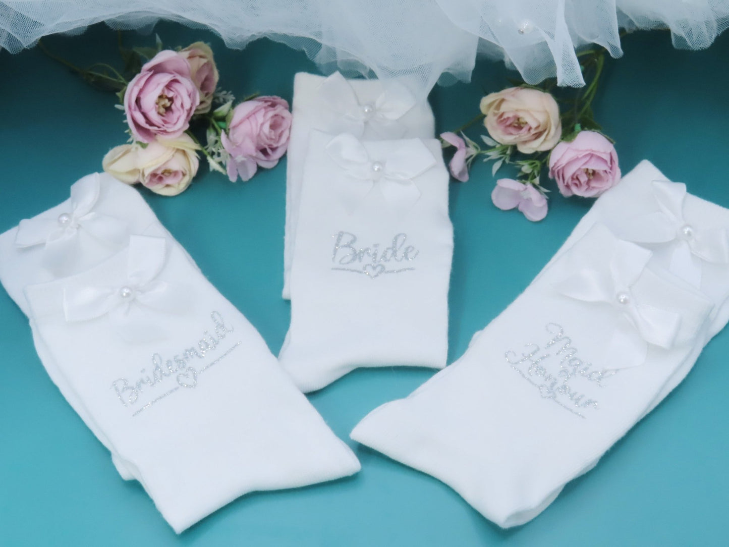 Personalised Socks for Bride /Wedding Party with Satin Bow and Pearl Detail. - Crystal Shoe Designs