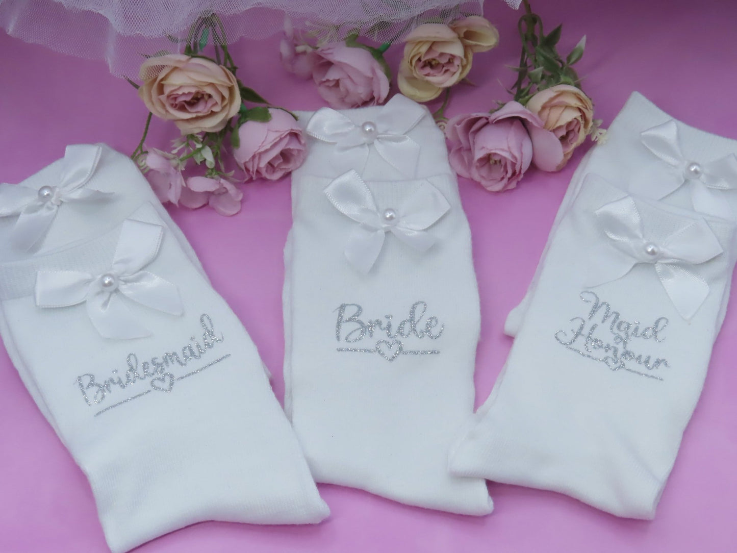 Personalised Socks for Bride /Wedding Party with Satin Bow and Pearl Detail. - Crystal Shoe Designs