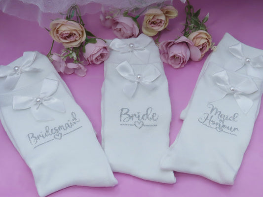 Personalised Socks for Bride /Wedding Party with Satin Bow and Pearl Detail. - Crystal Shoe Designs