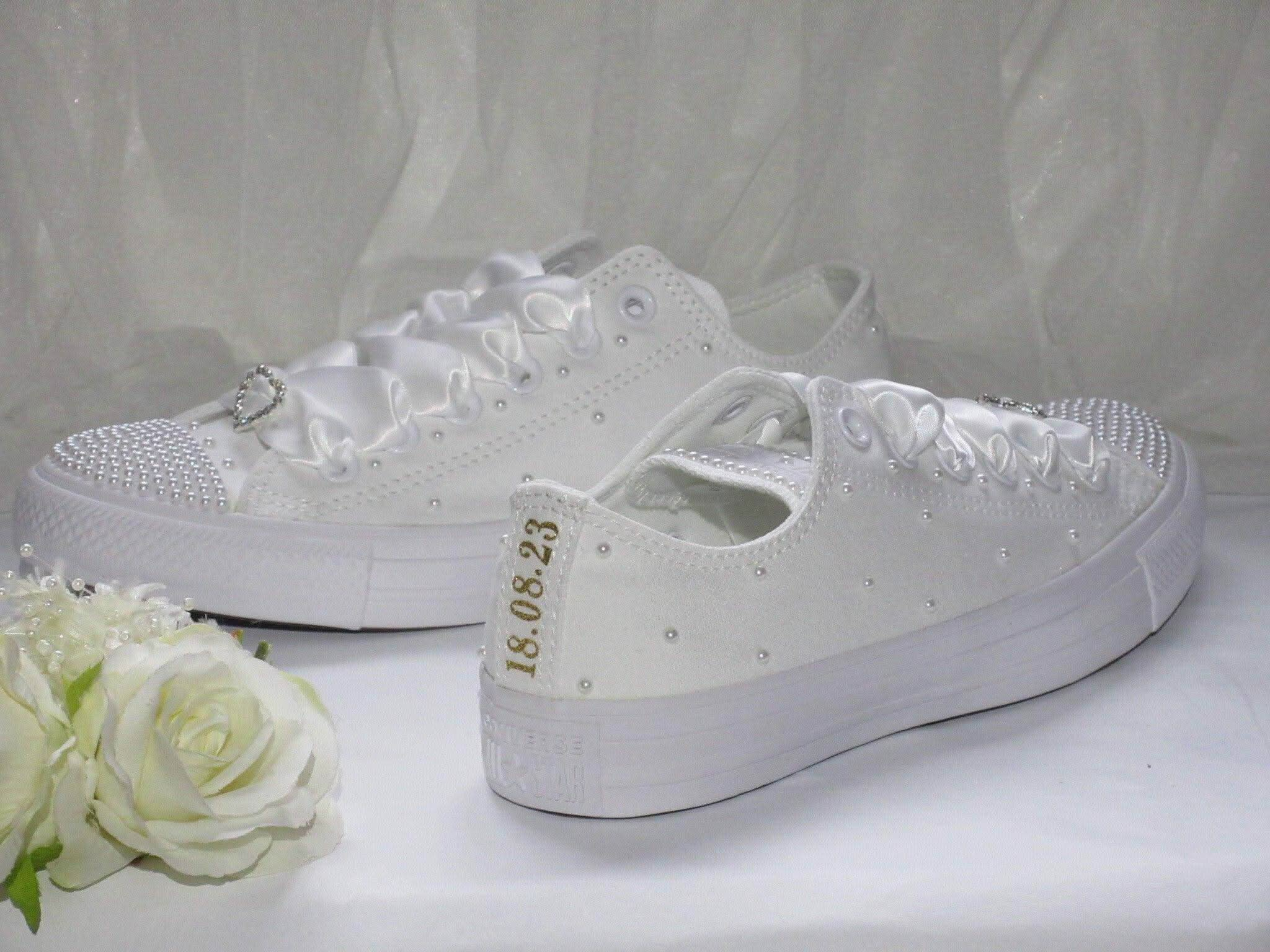 Personalised White Pearl Wedding Converse. Crystal Shoe Designs