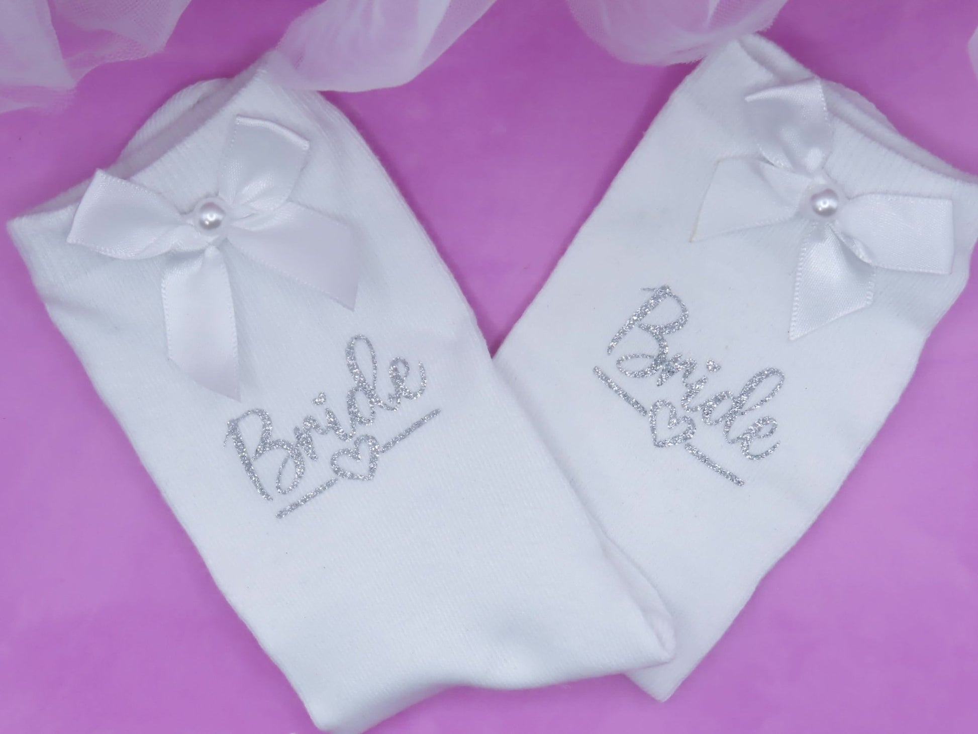 Socks for Bride with Satin Bow and Pearl Detail , Matching Wedding Party Options. - Crystal Shoe Designs
