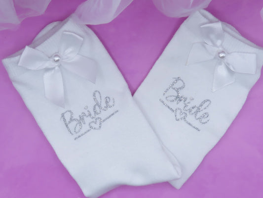 Socks for Bride with Satin Bow and Pearl Detail , Matching Wedding Party Options. - Crystal Shoe Designs