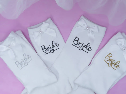 Socks for Bride with Satin Bow and Pearl Detail , Matching Wedding Party Options. - Crystal Shoe Designs