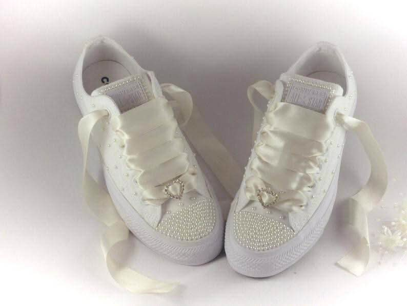 Wedding Bridal Custom Ivory Pearl Converse - Custom Bling Sneakers Trainers - Crystal Shoe Designs