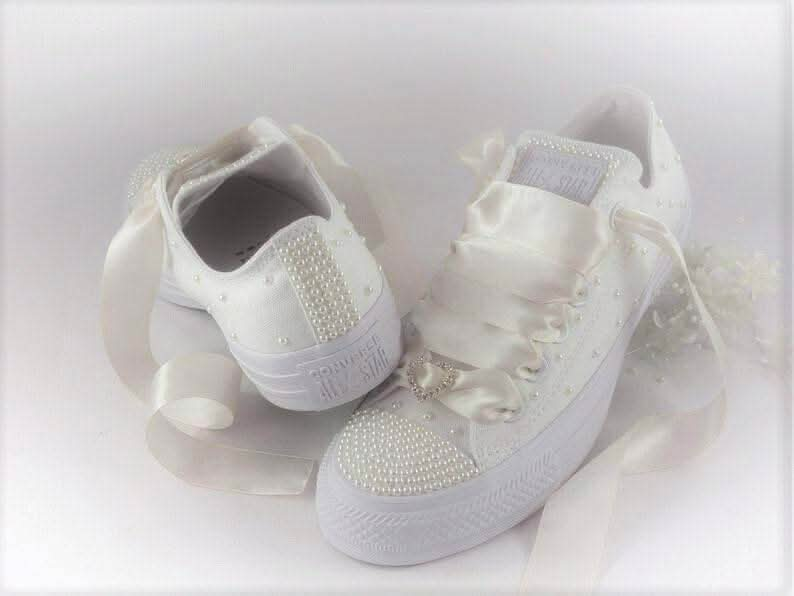 Wedding Bridal Custom Ivory Pearl Converse - Custom Bling Sneakers Trainers - Crystal Shoe Designs