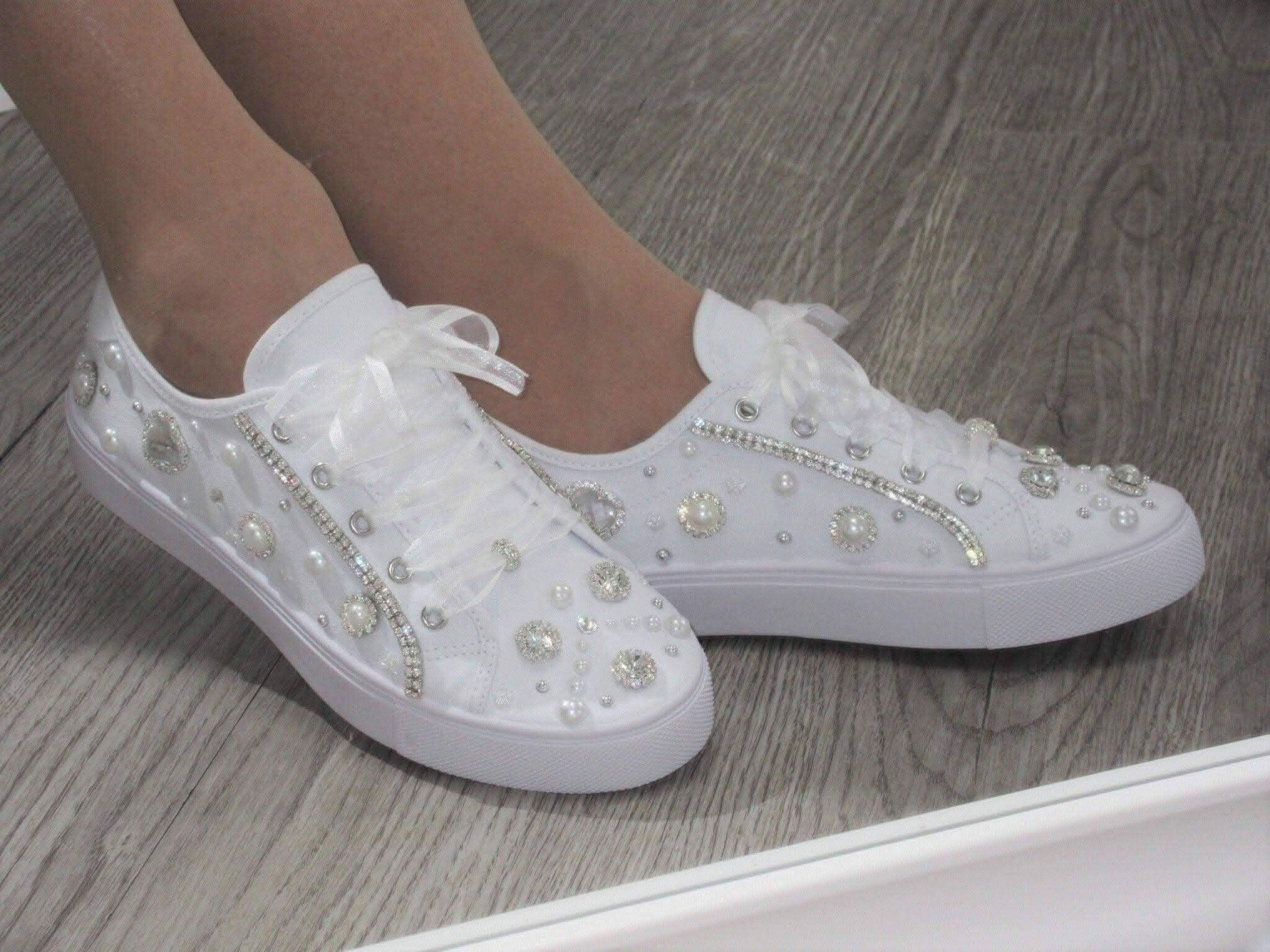 Pearl shoes, bridal sneakers, wedding sneakers, ribbon shoes, rhinestone shoes, bling outlet sneakers