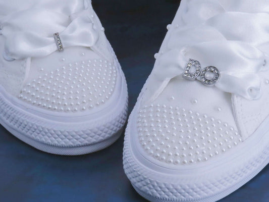 Wedding Custom "I Do" White/Ivory Pearl Converse - Crystal Shoe Designs