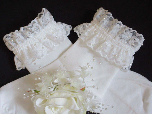 Wedding Ivory Pearl Frill Lace Socks - Crystal Shoe Designs