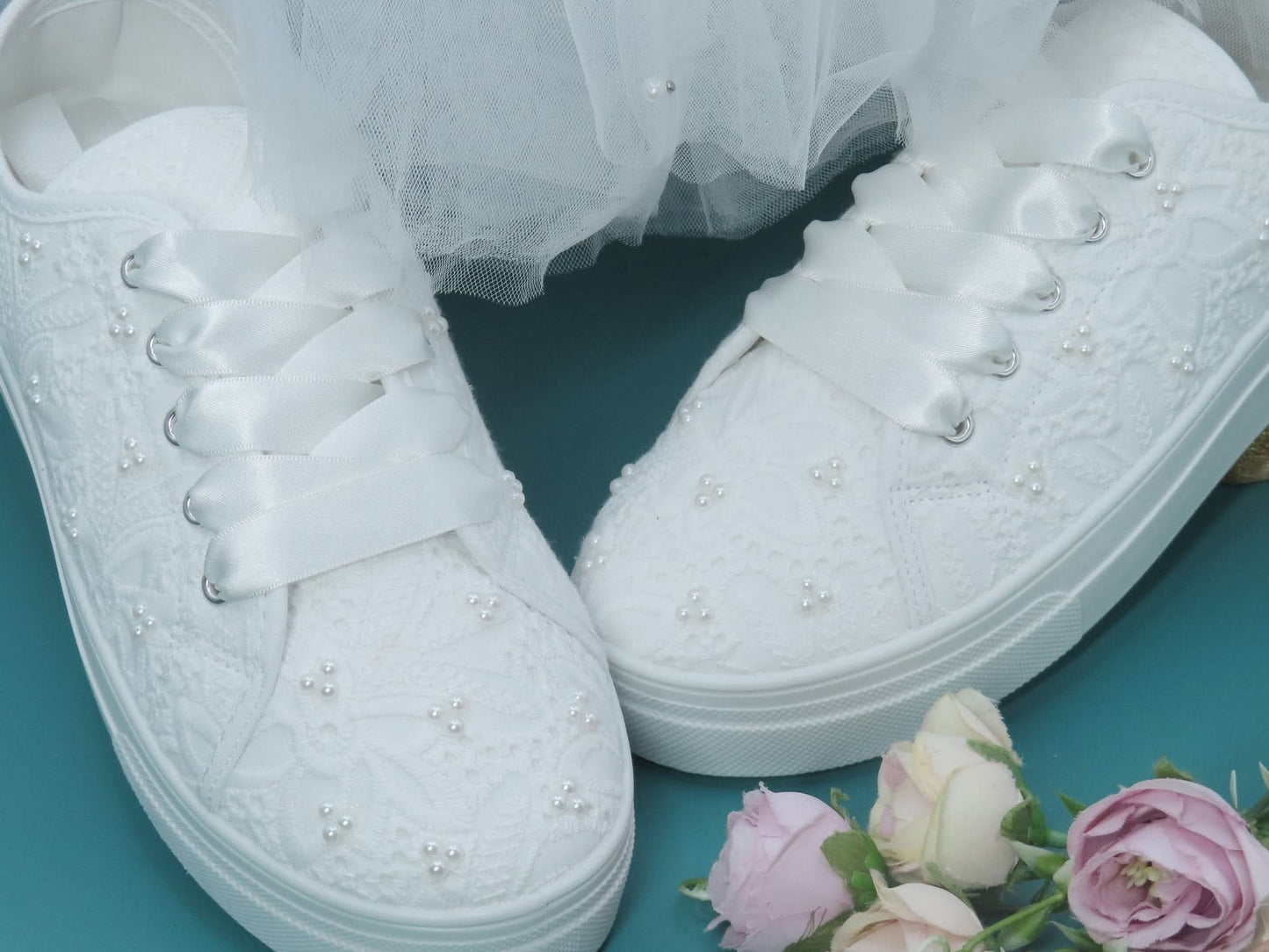 White Bridal Lace and Pearl Plarform Wedding Trainers - Crystal Shoe Designs