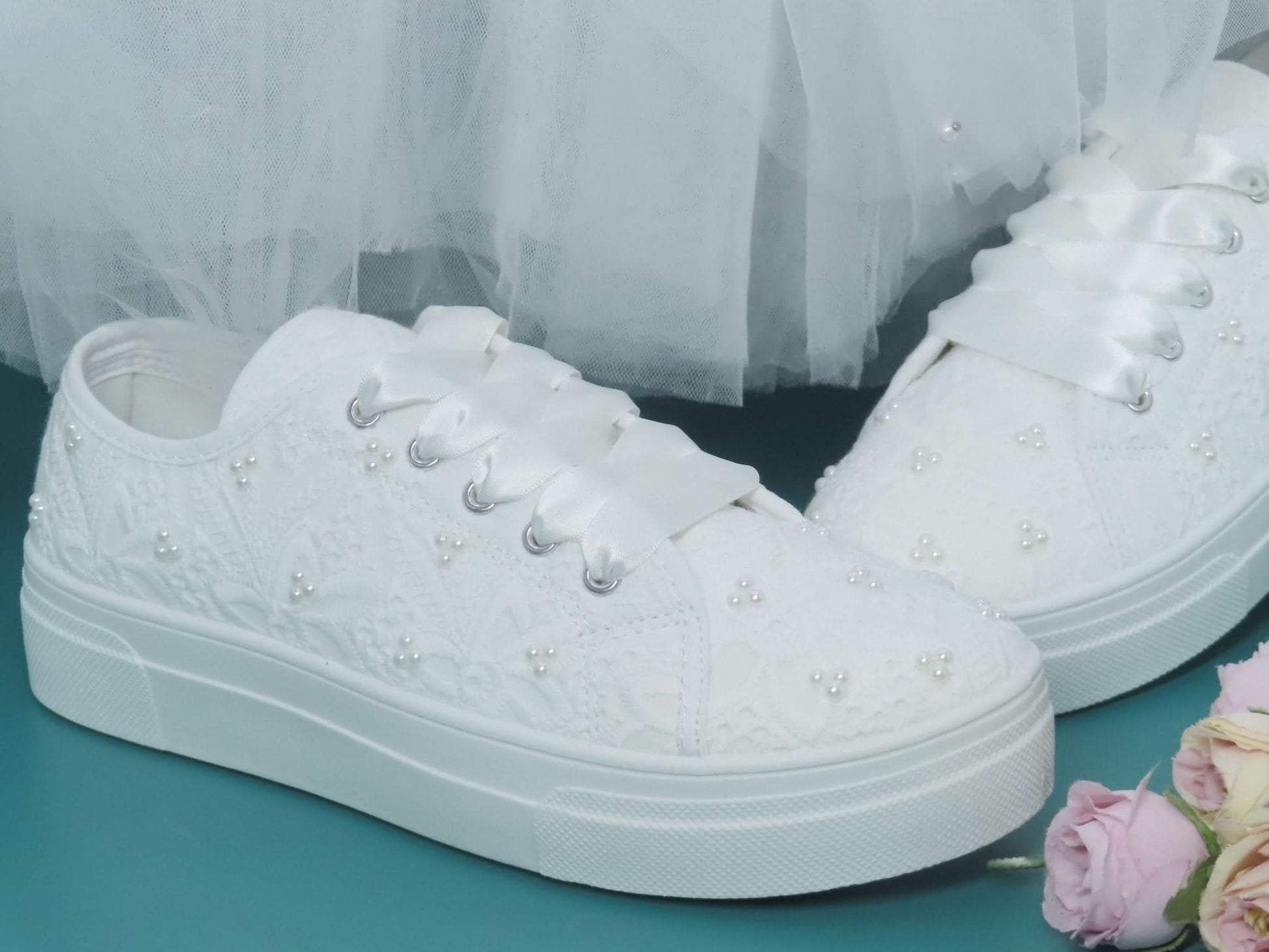 White Bridal Lace and Pearl Plarform Wedding Trainers - Crystal Shoe Designs