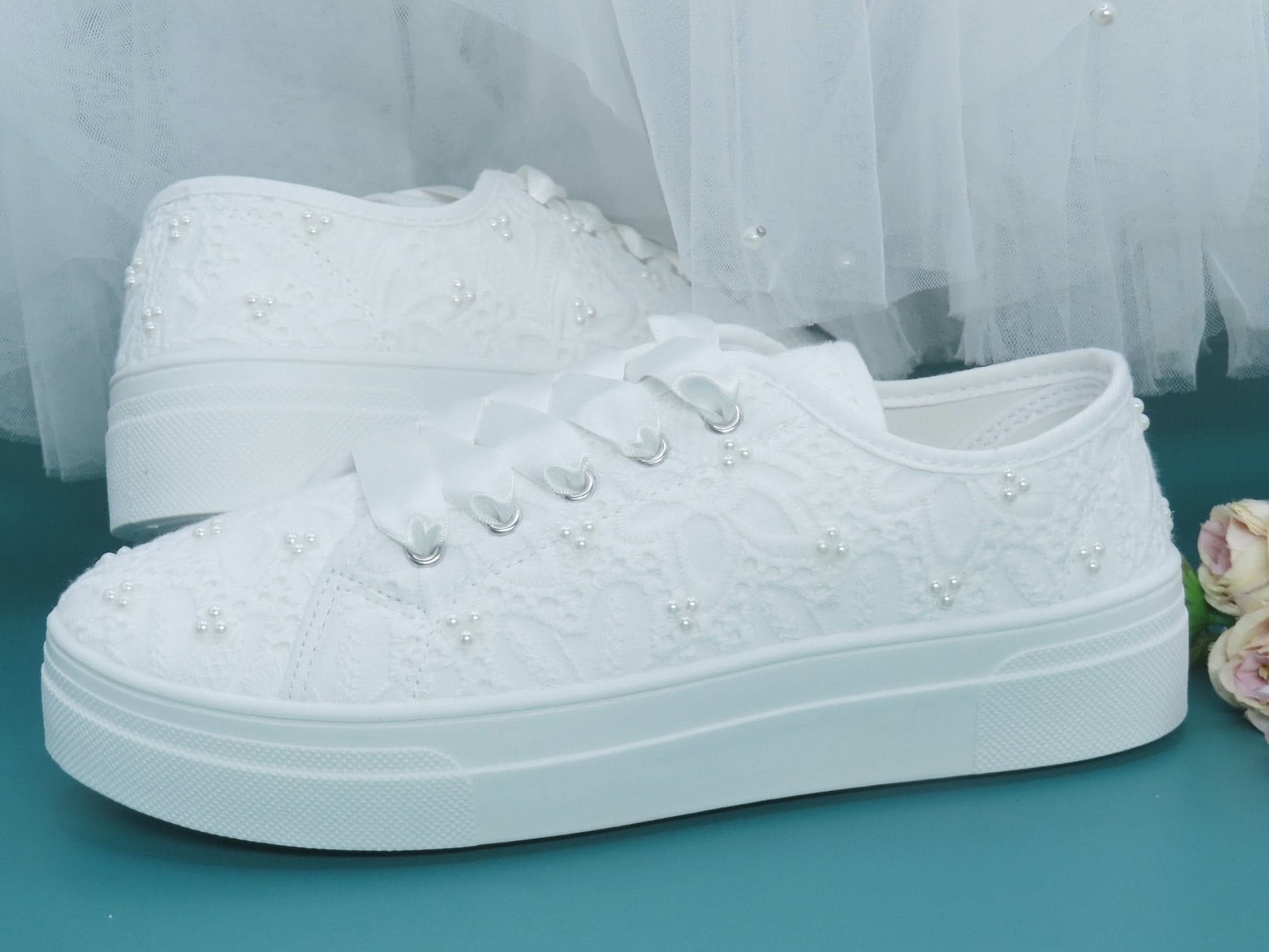 White Bridal Lace and Pearl Plarform Wedding Trainers - Crystal Shoe Designs
